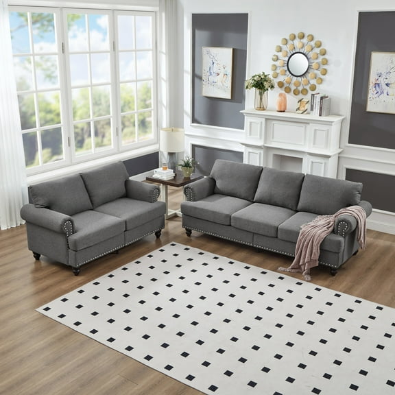 2 Piece Set Comfy Sofa Couch, 3 Seater & Loveseat Sofa with Deep Seats, Modern Upholstered Sleeper Couch with Nails for Living Room, Grey