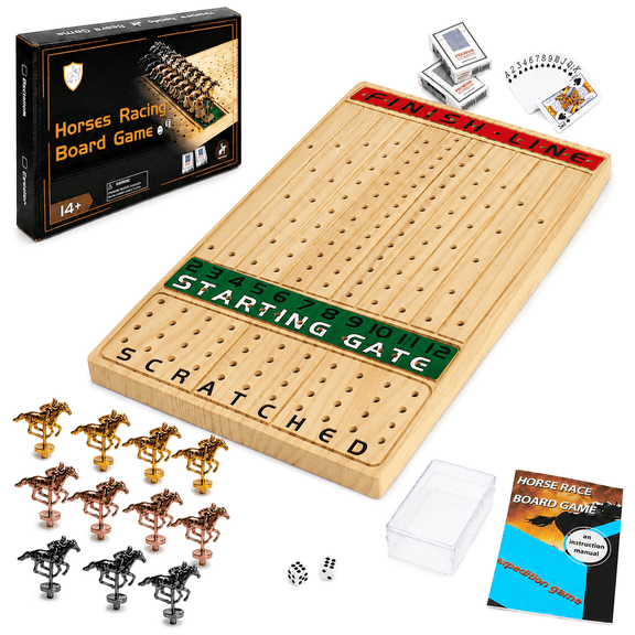 Wood Horse Race Board Game Set, 15.6" x 10", 2-11 Players, 11 Metal Horses, Dice & Cards
