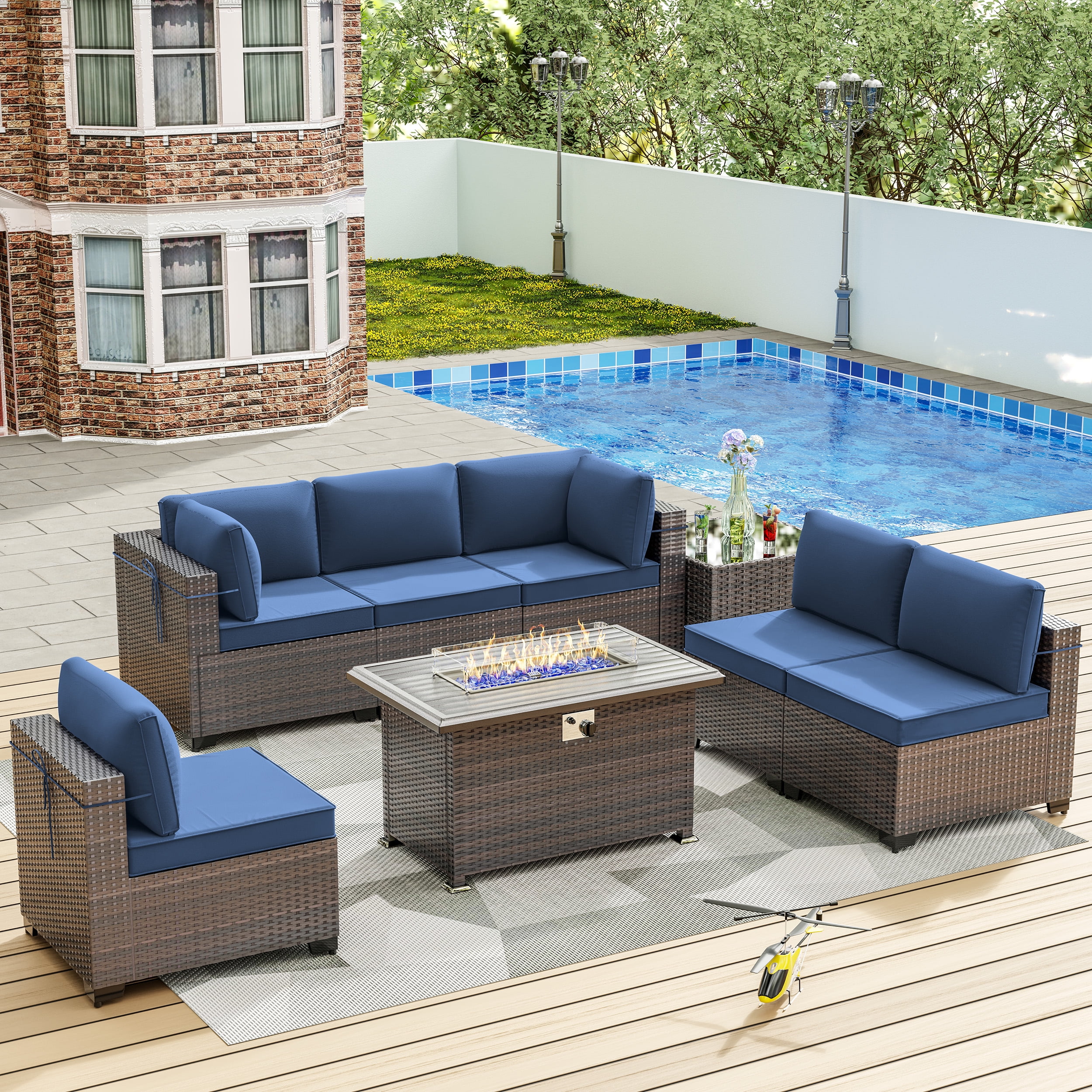 ALAULM 11 Pcs Patio Furniture Set with 2 Wicker Swivel Chairs & Stainless Steel Gas Fire Pit Table, Brown/Navy Blue