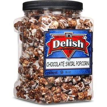 Chocolate Swirl Popcorn by Its Delish, 16 Oz 1 Lb Jumbo Container Bulk Popcorn, Festive Chocolate Air Popped Sweet Crunchy Popcorn with Chocolate Corn Snack, Parties  Gluten Free, Vegan, Kosher