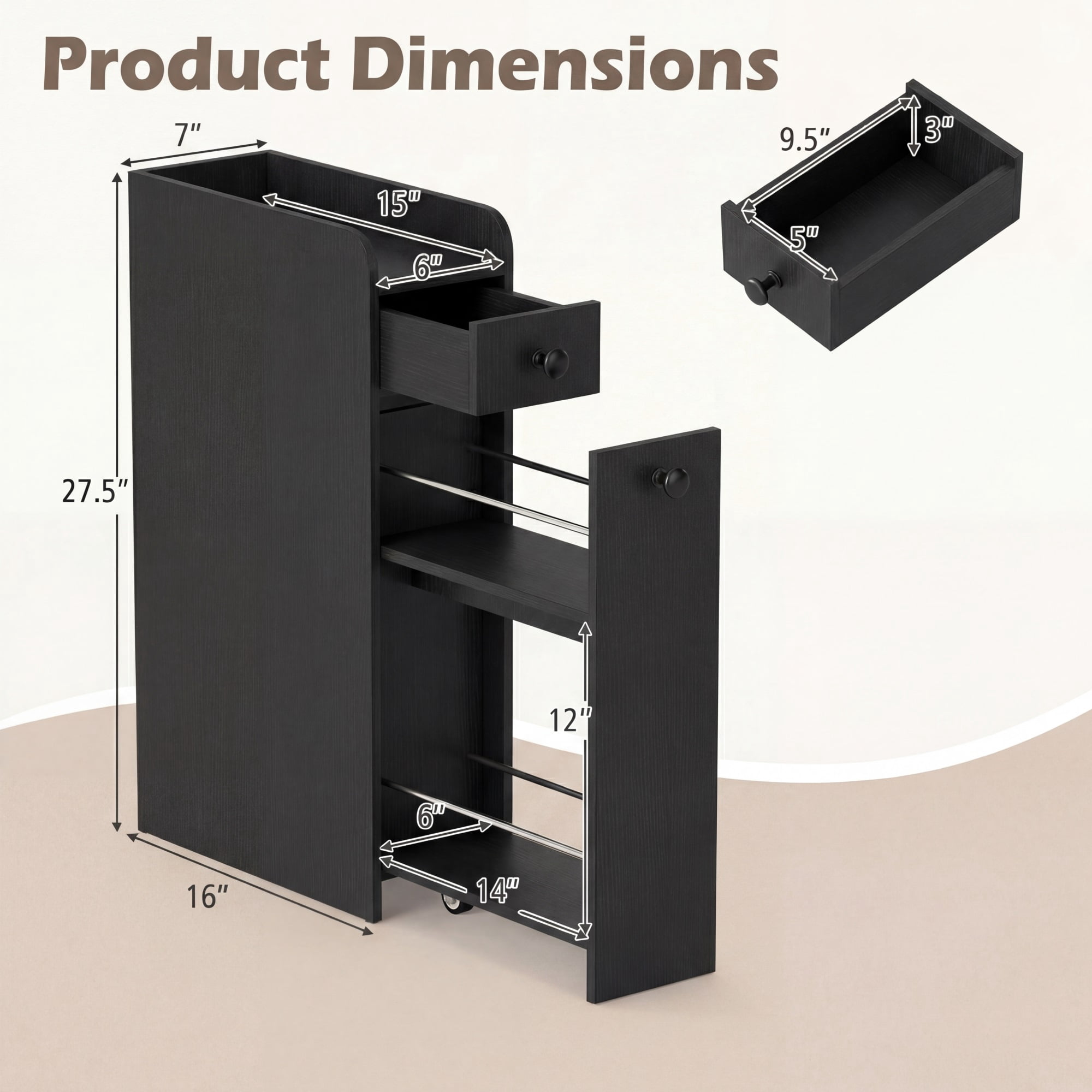 ELLEGNT Bathroom Storage Cabinet on Rolling Wheels – Slim Design, Slide-Out Drawer, Spacious Top, Black