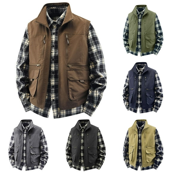 BiZtdJrK Mens Lightweight Travel Vest Zip Up Stand Collar Sleeveless Cargo Jackets Hiking Camping Summer Vests Jacket with Pockets Army Green M