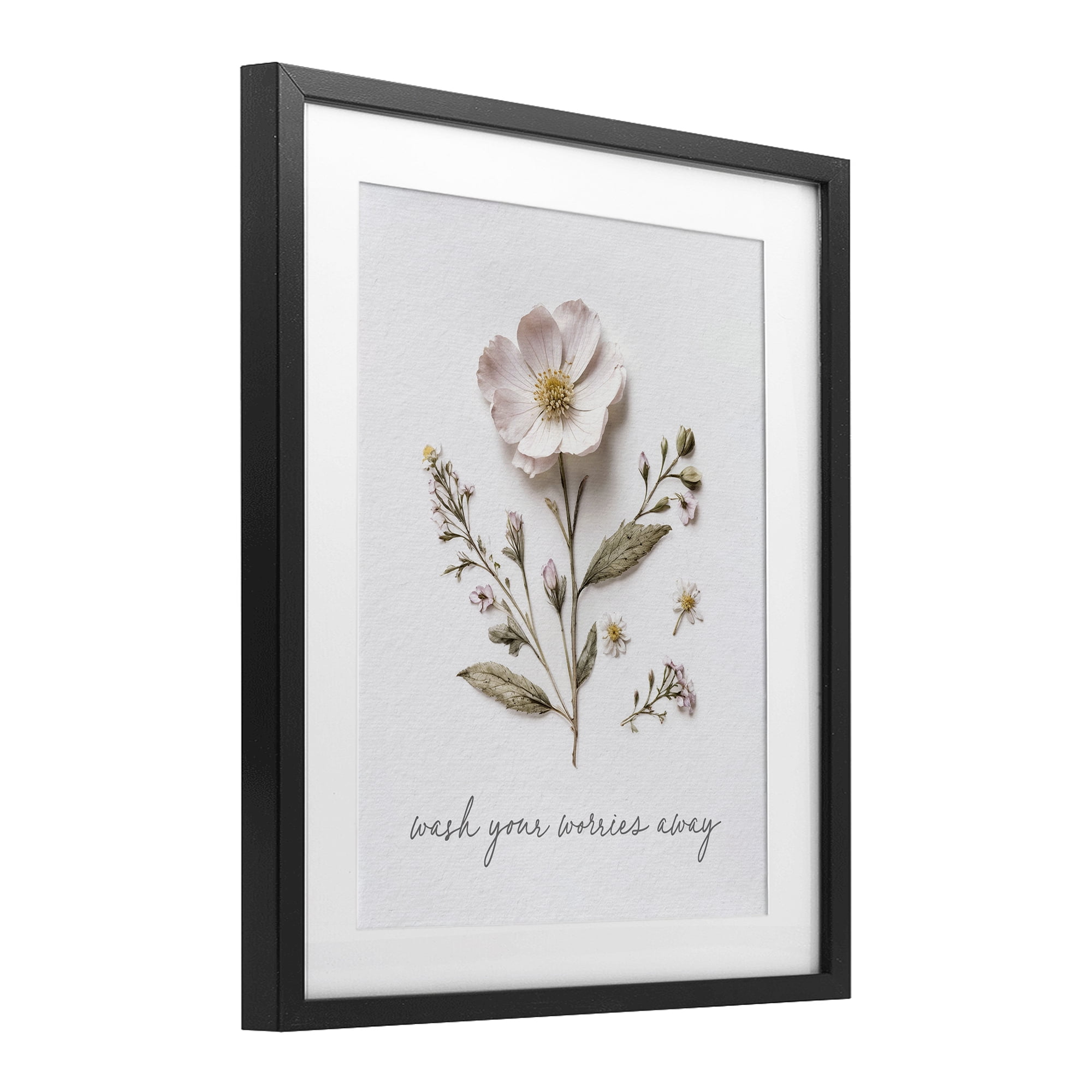 Pressed Flower Wash Worries Away Black Framed Print Under Glass, design by Lettered and Lined