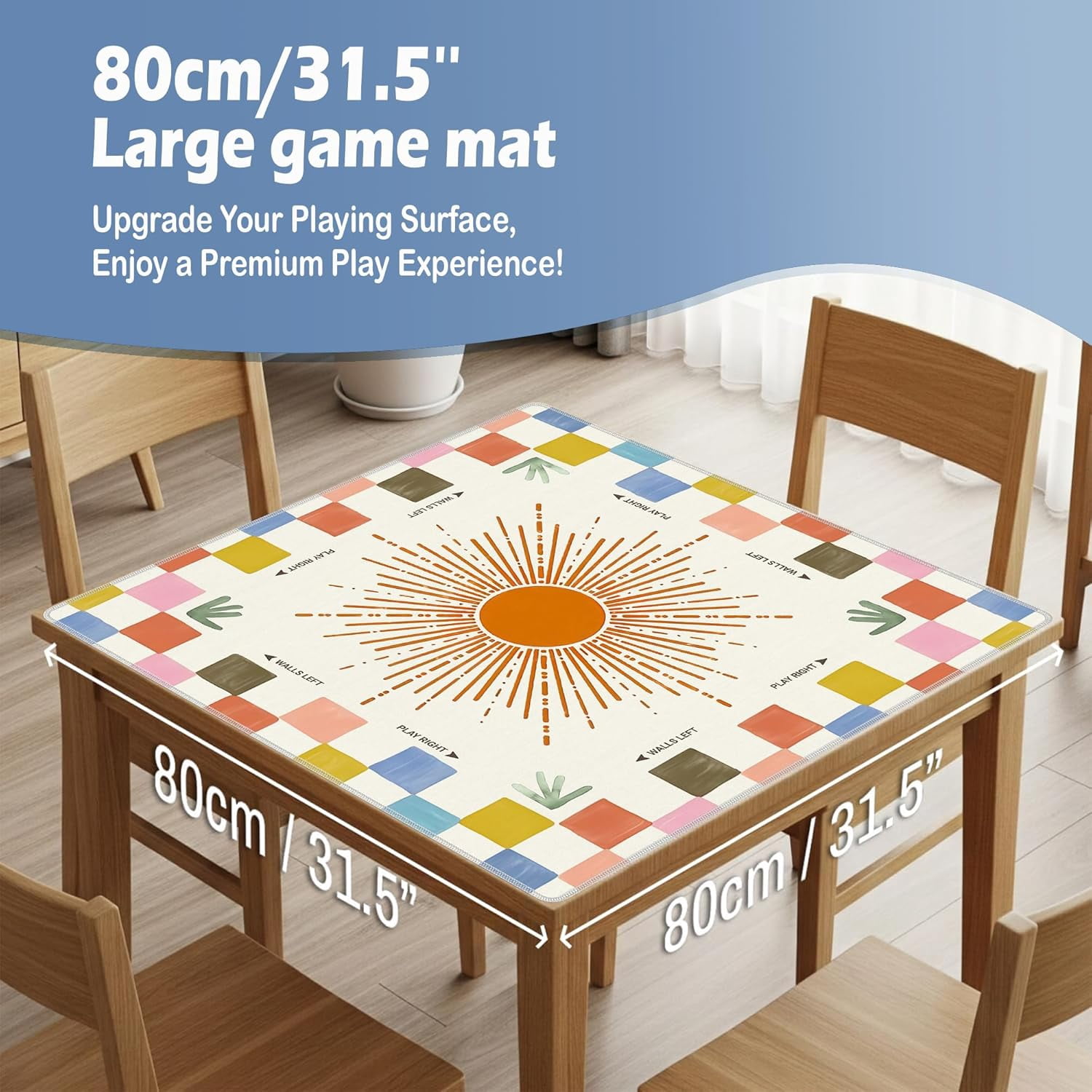 Boho Orange Sun Checkered Mahjong Mat 31.5 x 31.5 Inch, Retro Colorful Plaid Sunray Non-Slip Noise Reduction Mahjong Table Mat for American Mah Jong Poker Card Board Games Dominoes