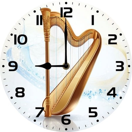 Soliyoahee Living Room Decorative Wall Clock Harp Clock 10inch Wooden Round Silent No Tick Battery Operated for Bathroom Kitchen Office