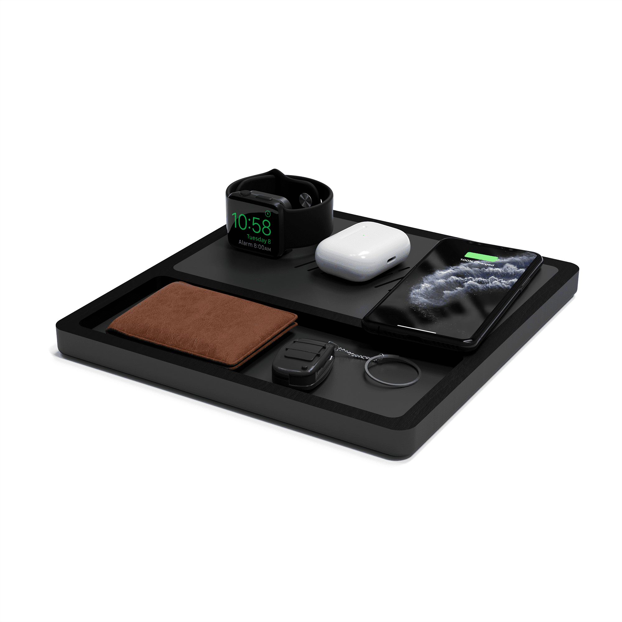 NytStnd TRIO TRAY Qi 5 Coil Wireless Charging Station, Black Top Black Wood Base, Amish