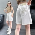 thumbnail image 2 of Rggeeun Baby Girls Jean Shorts Elastic Waist With Side Pockets Loose Fit Above Knee Breathable For Summer Everyday Use Cozy Bottoms,White,7-8 Years, 2 of 8