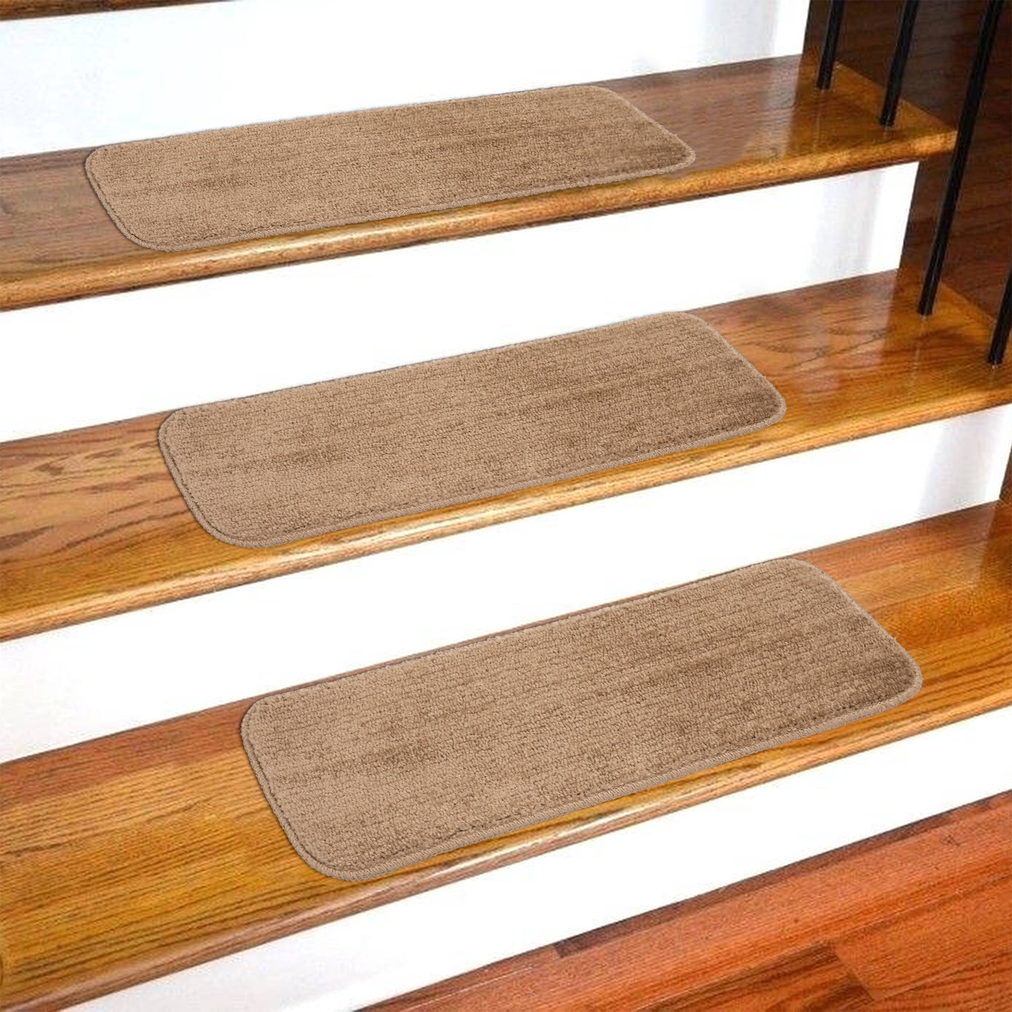 Ottomanson Softy Washable Non-Slip Rubberback Solid 9" x 26" Indoor Stair Treads, 7 Pack, Camel