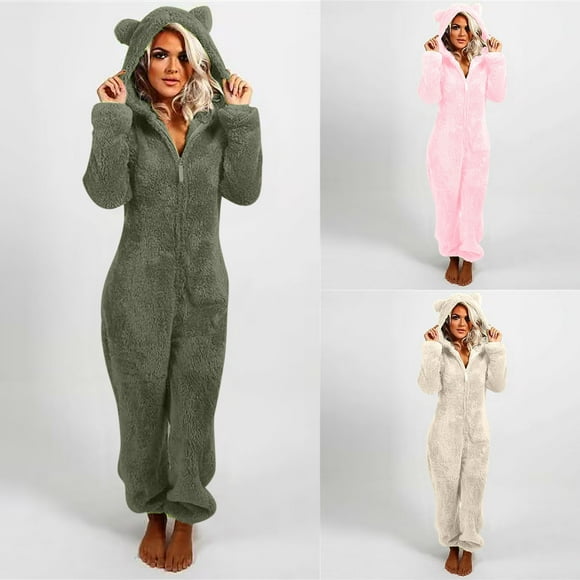 BADHUB Christmas Clearance Womens Onesie Plush Pajamas Plus Size Winter Sherpa Fuzzy Hooded Jumpsuit with Zipper Adult Long Sleeve Cute Cat Rompers Sleepwear S-5XL Halloween Gift Holiday Deals