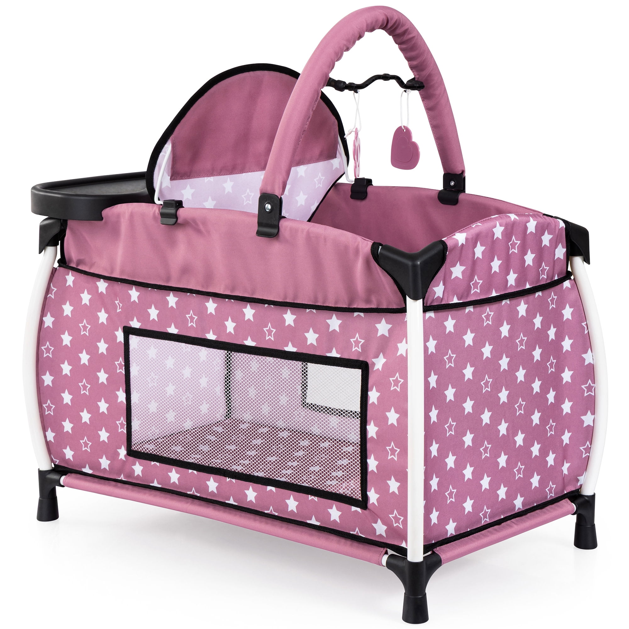 Bayer Design: Doll Multi-Bed - Pink & White Stars - Sleep Playpen, Built-In Feeding Highchair, Pillow-Blanket, Toy Care Center Fits 18" Dolls, Kids 3+