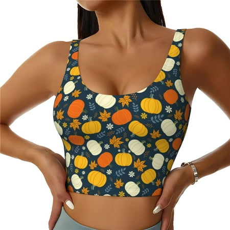 Adobk Autumn Pumpkin Maple Leaf Plants Print Sports Bras for Women Longline Workout Crop Tank Tops Padded with Built in Shelf Padded Sports Bra-XX-Large