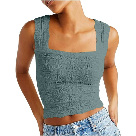 AGWOLF Women Square Neck Tank Top Wide Straps Crop Tank Tops Flower Jacquard Trim Crop Vest Slim Fitted Sleeveless Cropped Cami Tops