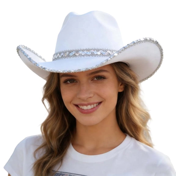 Afdoent Cowboy Hat For Women With Shiny Sequin Wide Brimmed Curved Hats For Parties And Jazz Events For Summer Travel