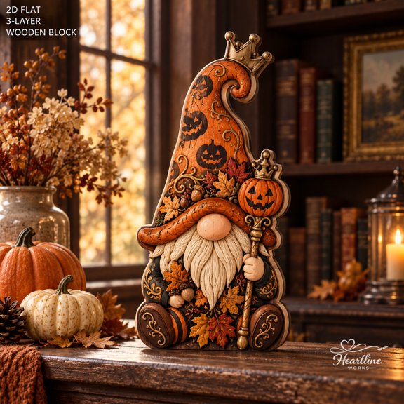 Wooden Block Vintage Pumpkin King Gnome Layered Shelf Display for Gothic Halloween Decor
