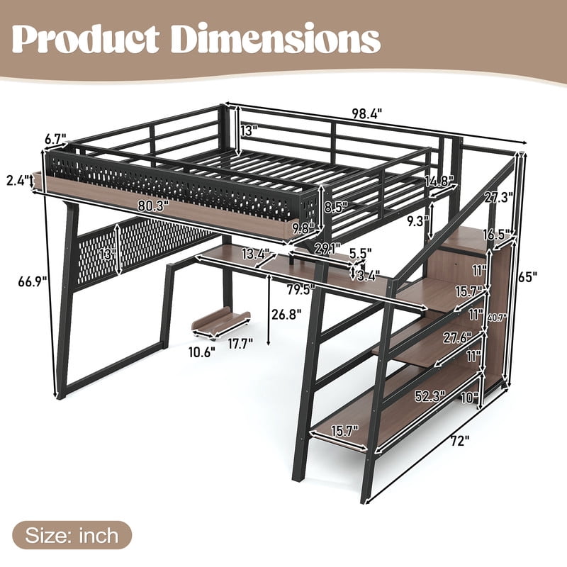 Queen Size Teens Loft Bed with Storage Stairs & Wardrobe, Metal Gaming Bed Frame with Pegboard, LED Lights & Power Outlet