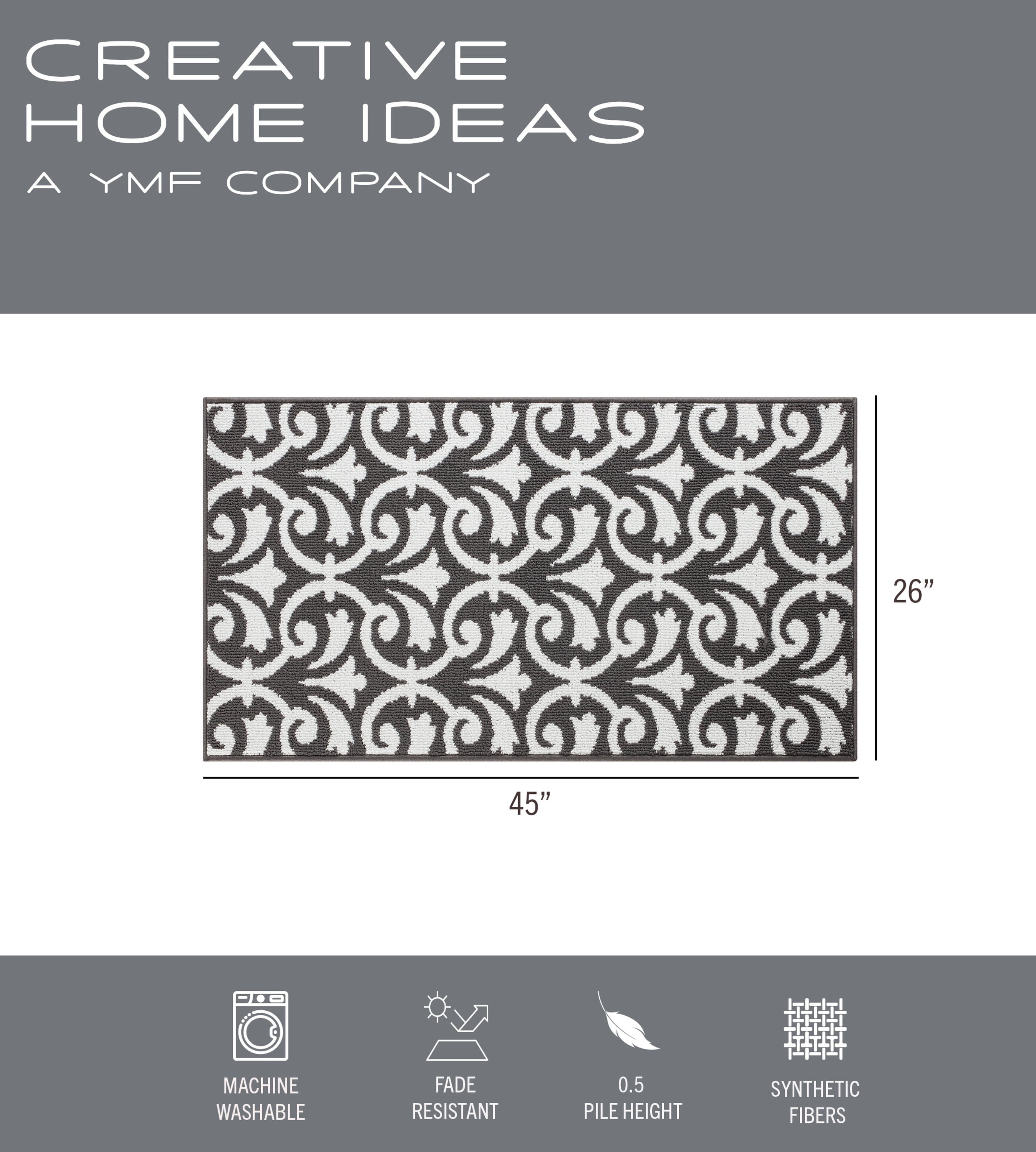 Washable Non-Slip Accent Rug, Floral Scroll, Dark Grey and White, 26" x 45"