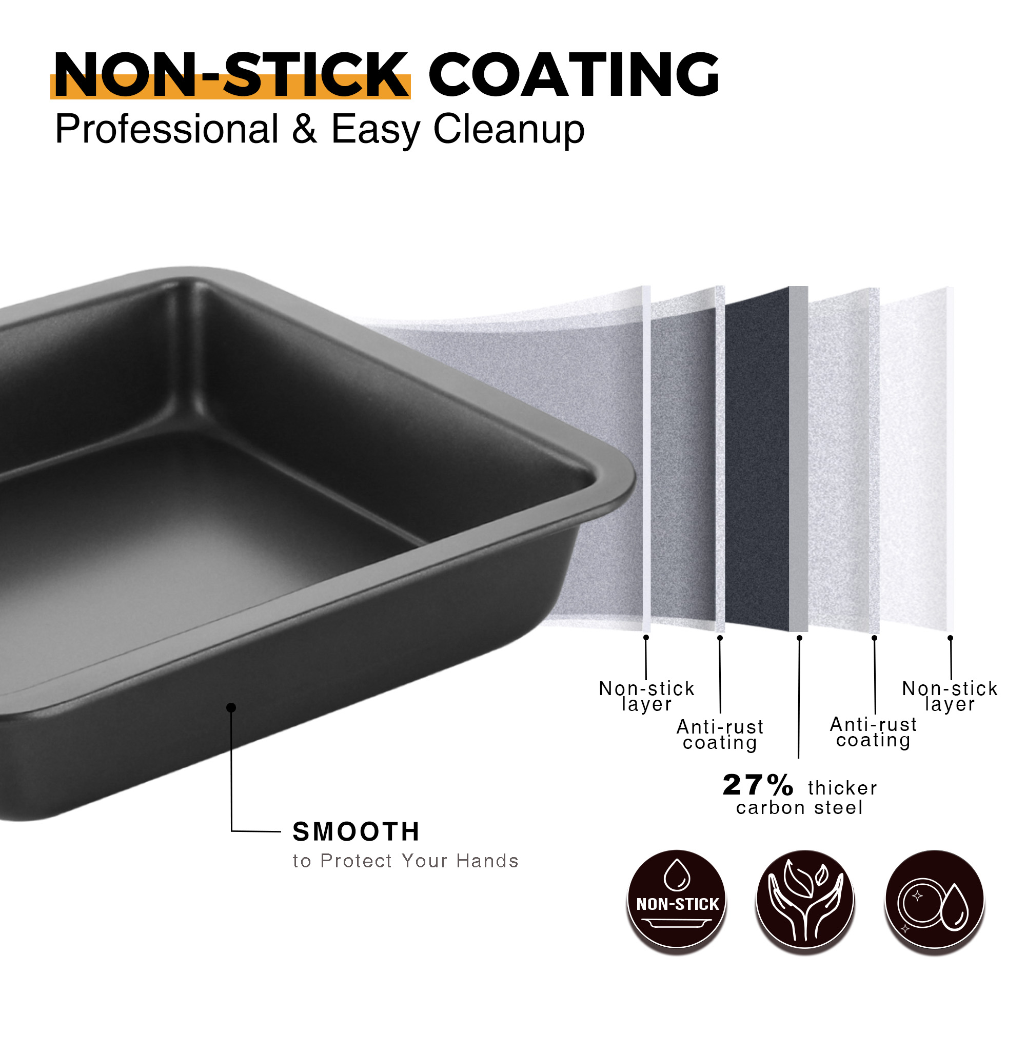 HONGBAKE 8X8 BAKING PAN SET, NONSTICK BROWNIE PAN WITH WIDER GRIPS, 2 PIECES SQUARE CAKE PAN, HEAVY DUTY, GREY