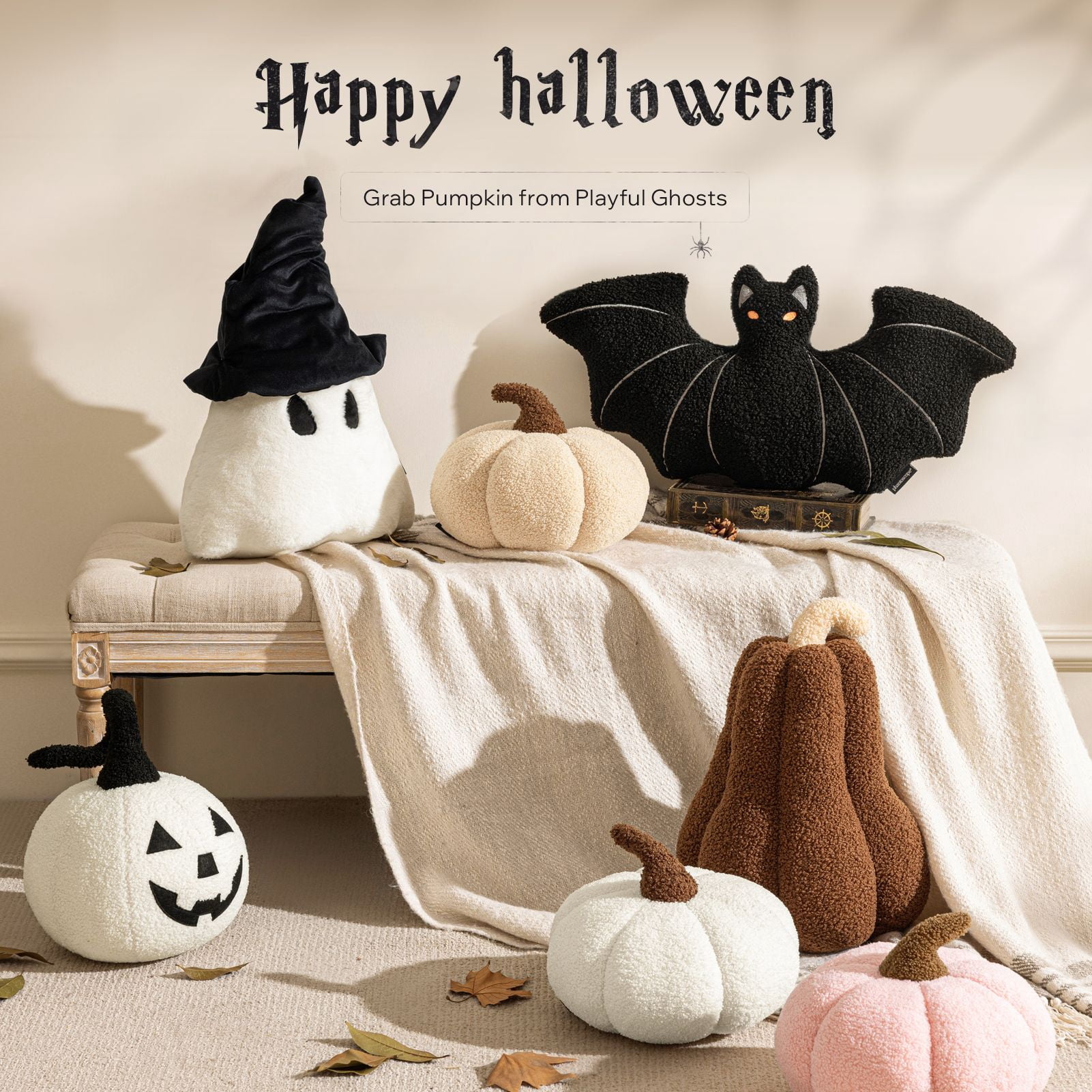 Phantoscope Halloween Ghost Shaped Throw Pillow, Witch Hat Design, Soft Faux Rabbit Fur Decorative Pillow, Spooky Cushion for Couch and Sofa, White, 19 x 14 in