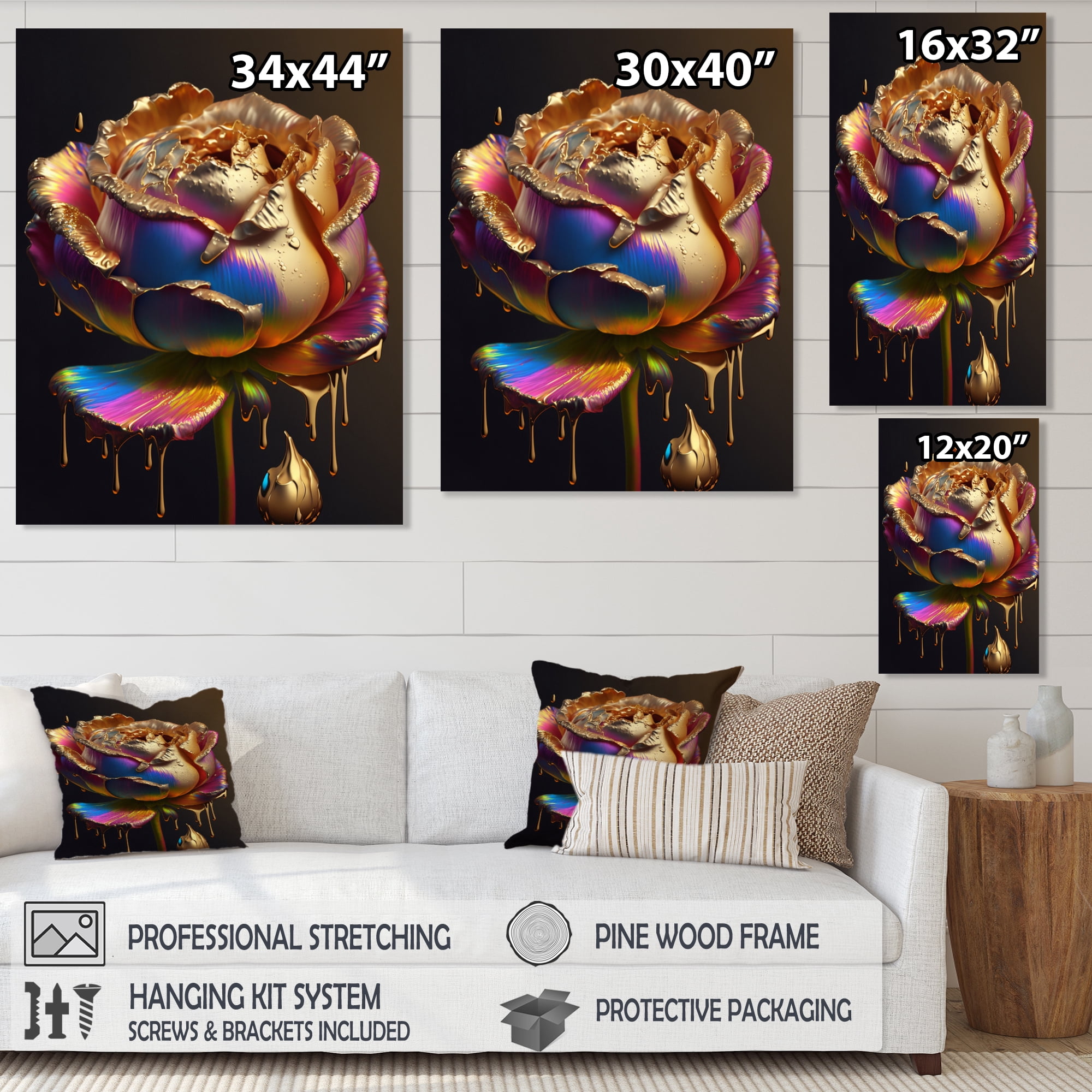 Designart Rainbow Peony Liquid Gold Drips Hyper I Canvas Wall Art