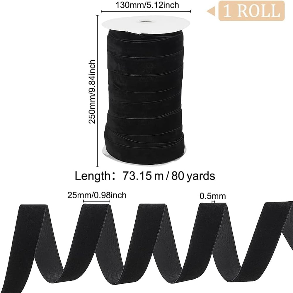 80 Yards Single Face Velvet Ribbon for Gift Wrapping Party Decorations Black 1 inch(25~25.5mm)