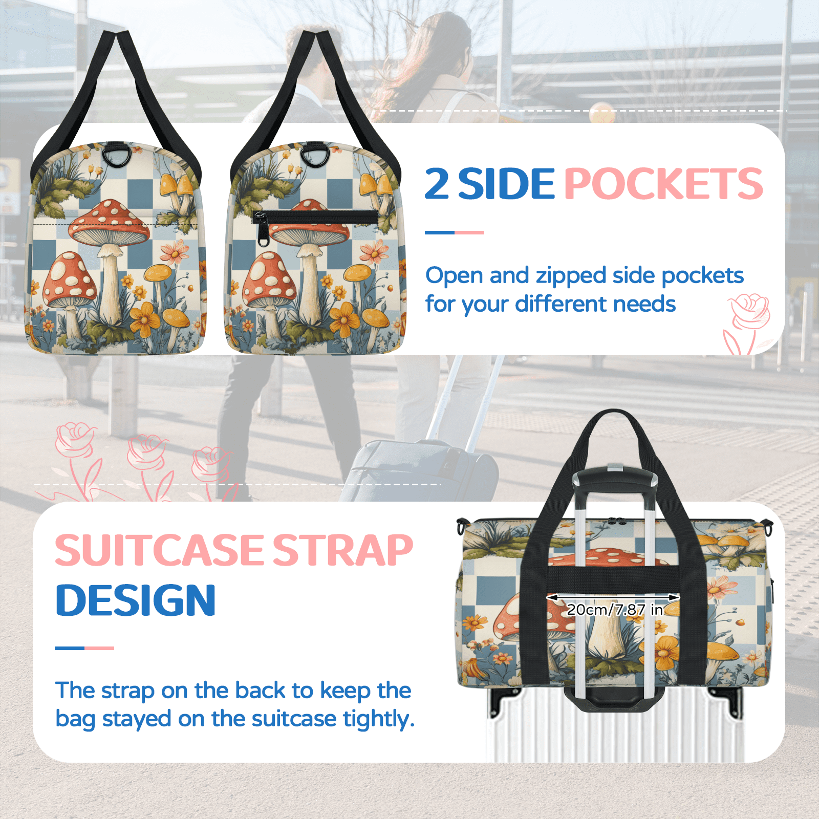 Herdesigns Mushroom Travel Duffle Bag Sports Yoga Weekender Overnight Carry on Workout Bags Lightweight Waterproof Gym Tote Bag for Women Boho