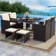 thumbnail image 1 of Costway 9 PCS Patio Dining Set with Tempered Glass Table & Ottoman Removable Cushions Beige, 1 of 10