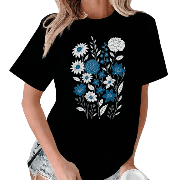 Giffimy Women's Blue White Wildflower Bouquet Botanical Floral Graphic Black Short Sleeve T-Shirt Fashion Holiday S-5XL Top