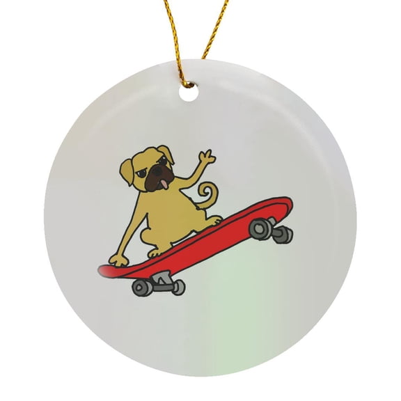 Funny Pug Dog On Red Skateboard Art, Circle Porcelain Ornament