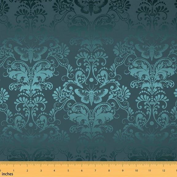 Green Blue Decorative Fabric by the Yard Butterfly and Floral Elements Oriental Antique Classcial Upholstery Fabric for Quilting Sewing Gothic Vintage Boho Waterproof DIY Fabric,10 Yards
