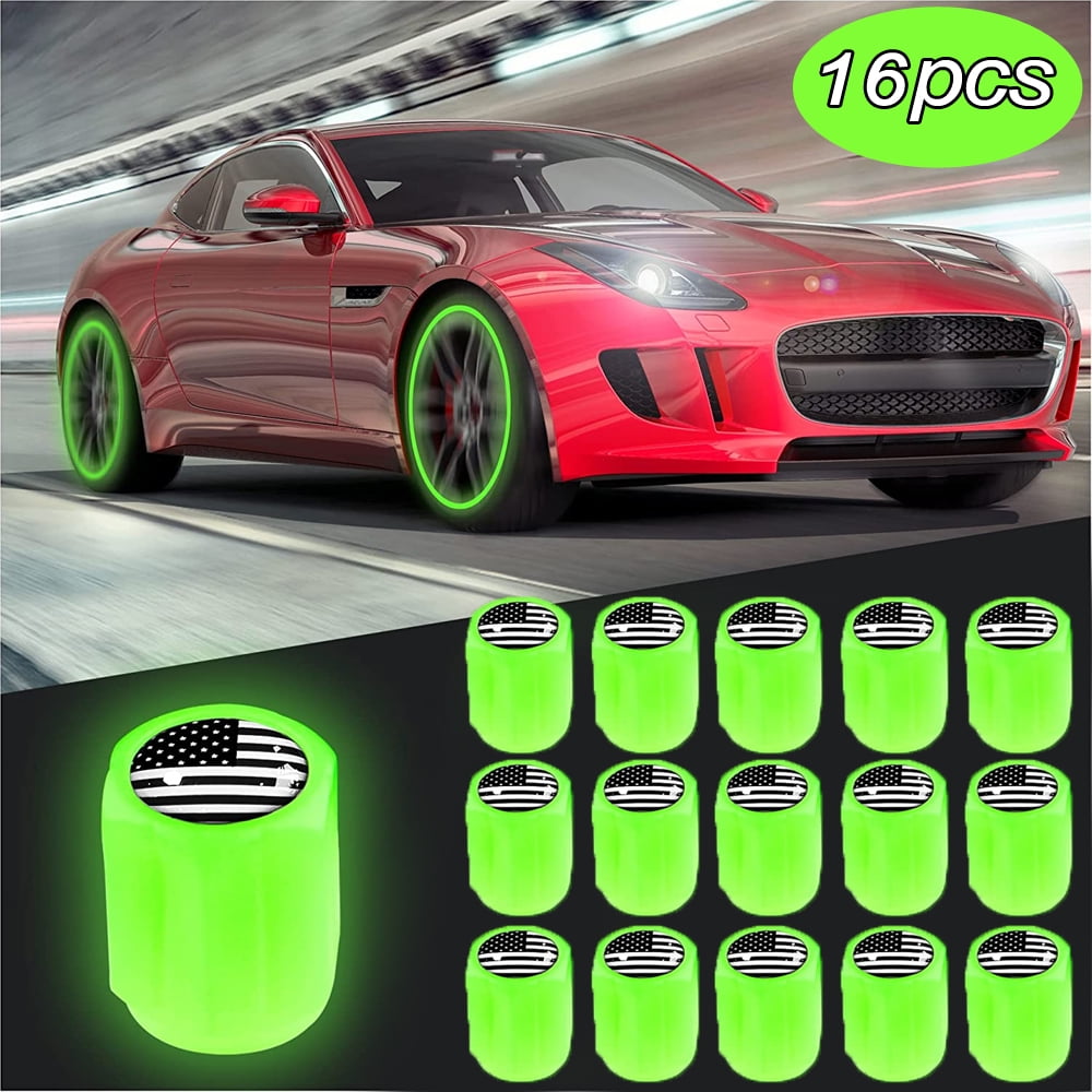 Luminous Tire Valve Dust Caps for Car, Trucks, Bike, Bicycle(Green,Black  Flag,16PCS)
