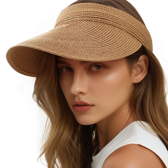 Sun Visor Hats for Women, Wide Brim Straw Beach Ponytail Hats, UPF 50  Summer Adjustable Packable Foldable Topless Hat