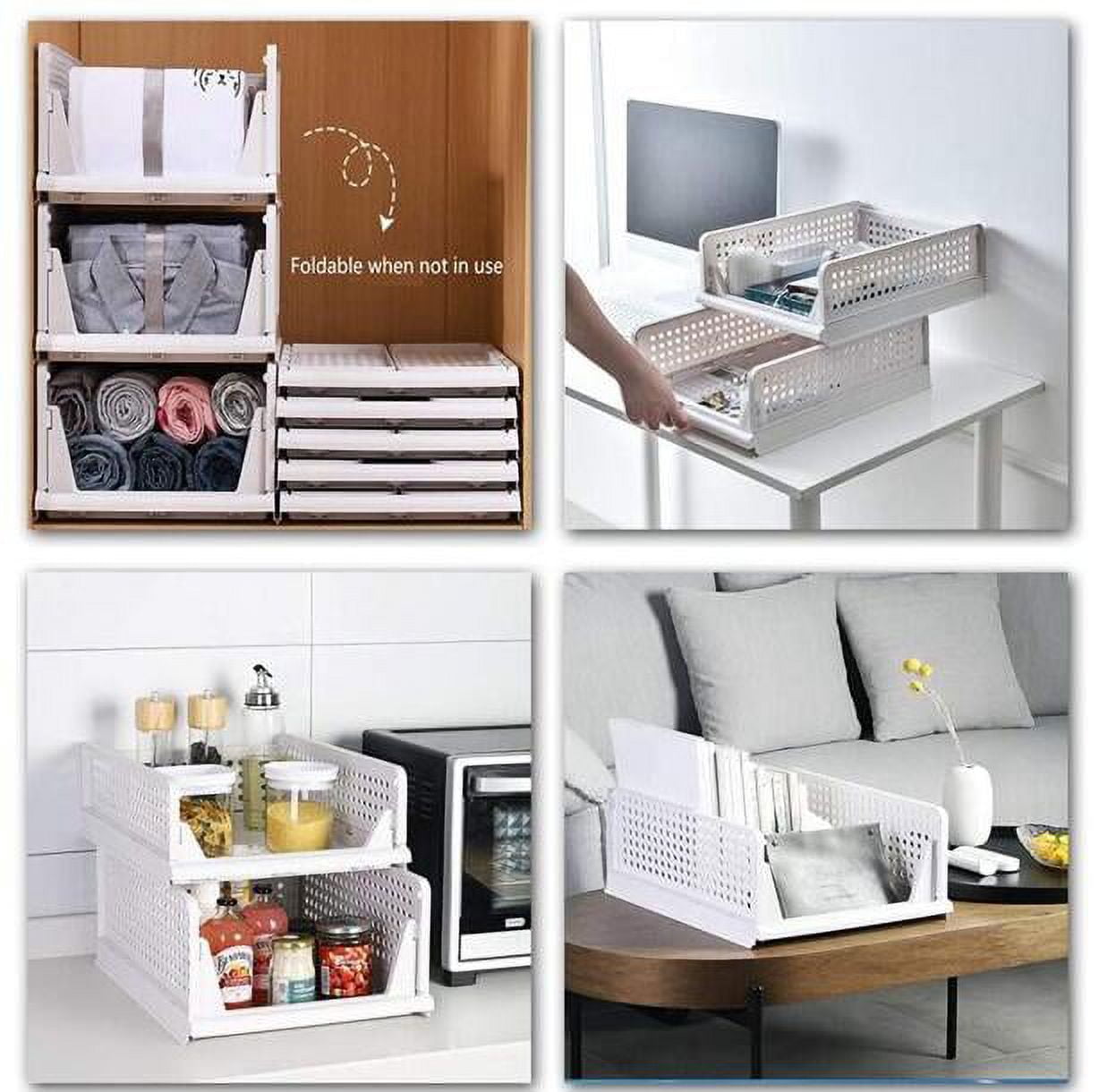 2 Pack Stackable Storage Bins, Foldable Sliding Bins,Plastic Clothes Drawer Organizer Wardrobe Storage Box Shelf Basket for Cabinet,Office, Laundry, Bedroom Closet, White-2L