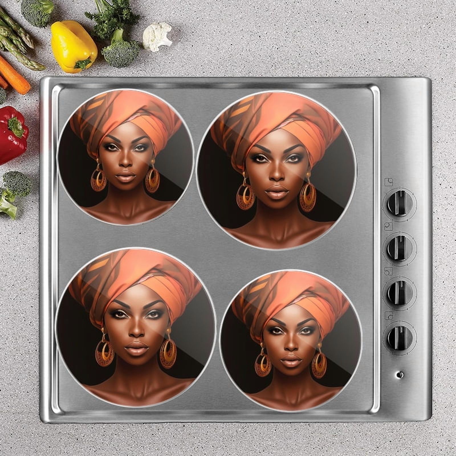 Bahomeck Gas Stove Burner Cover Set Of 4,Beautiful African Woman With Orange And Brown Turban Metal Electric Stove Burner Covers,Protecting Gas Stoves,Kitchen Decor，8 Inch And 10 Inch