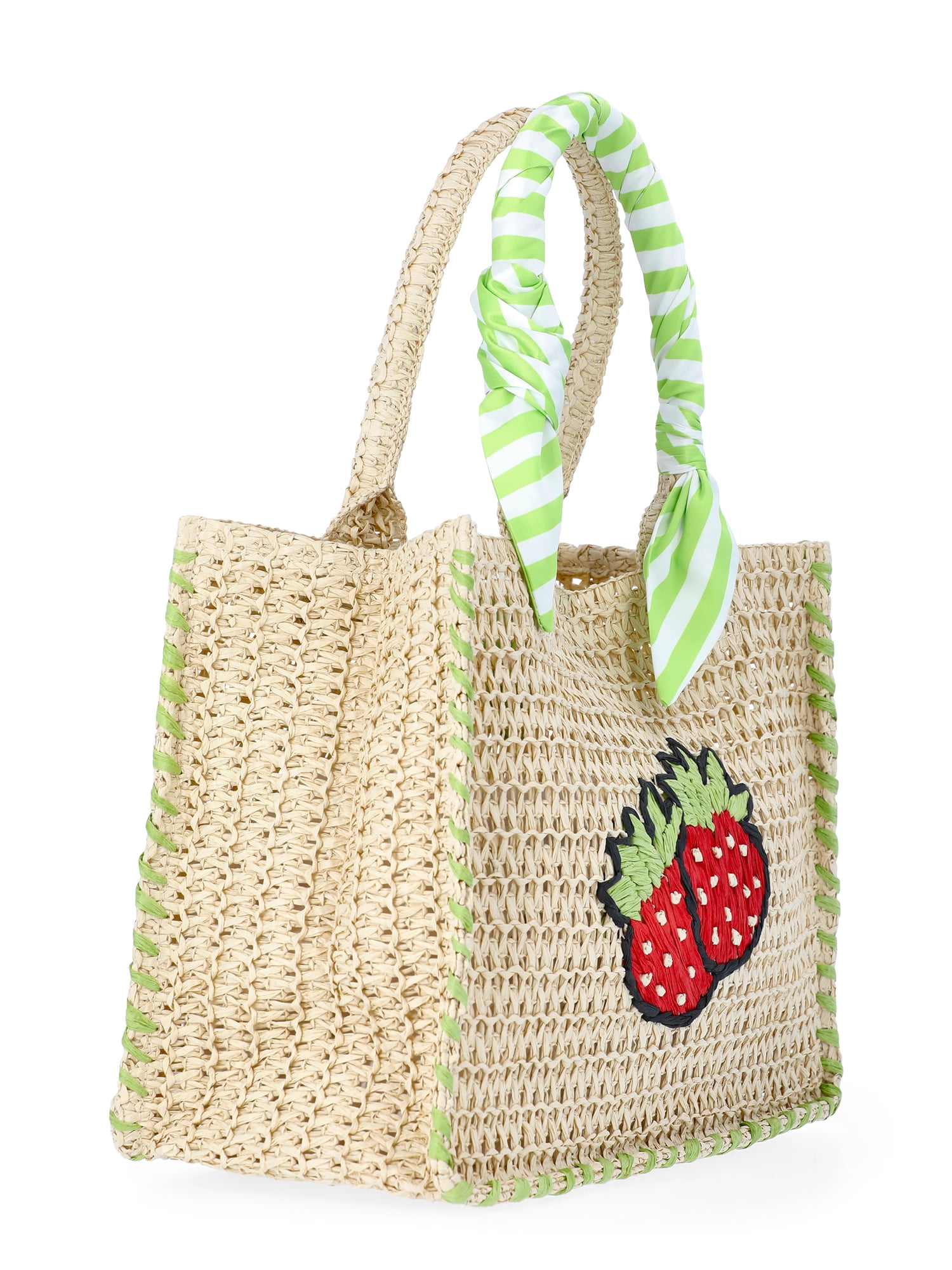 No Boundaries Women's Beach Icons Mini Straw Tote Bag, Natural with Strawberry Embroidery
