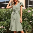 thumbnail image 4 of Boho Dress for Women Petal Short Sleeve V Neck Bohemian Midi Dress Casual Loose Summer Pleated Beach Dress with Belt, 4 of 7