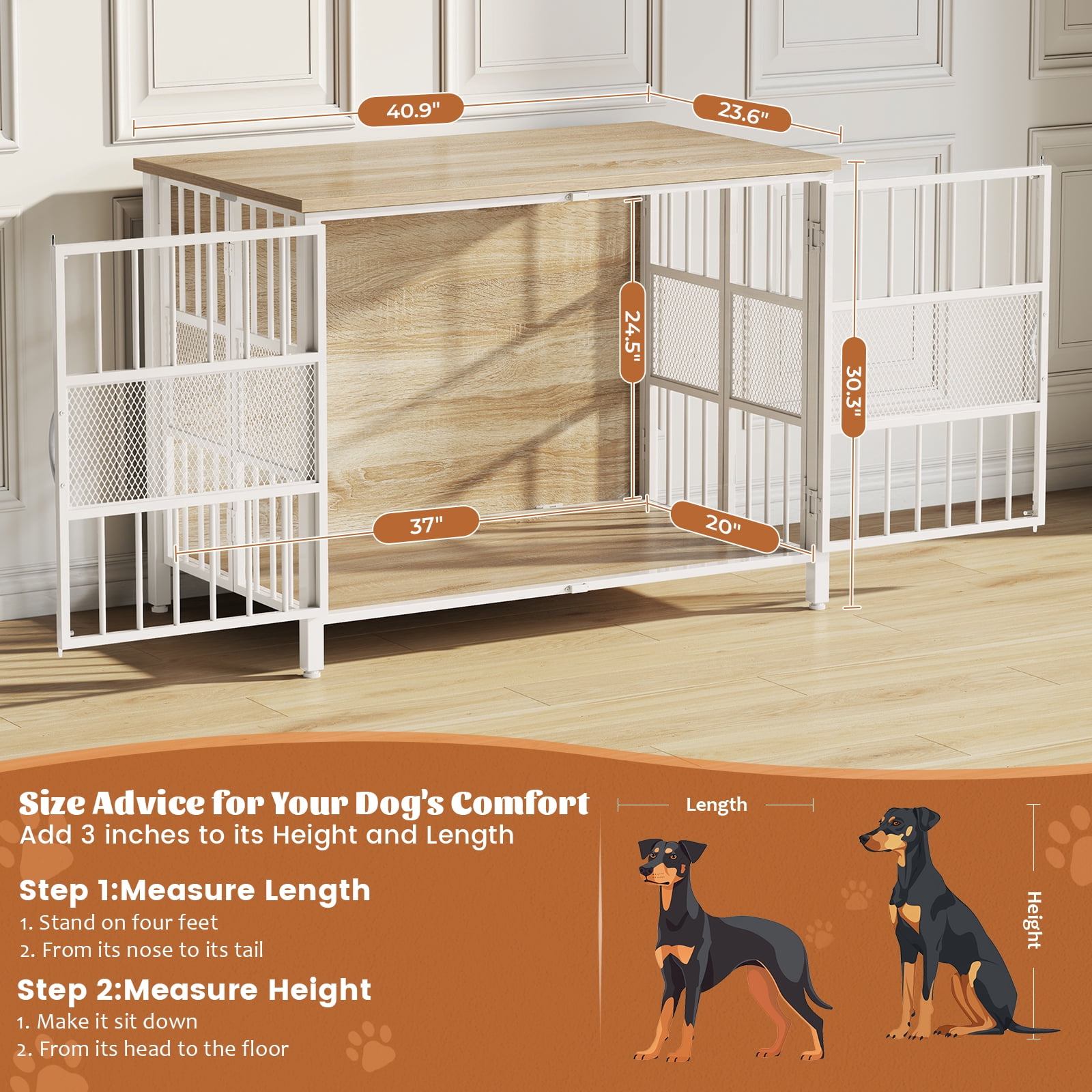 KINGTACK 41" Foldable Dog Crate Furniture, Heavy Duty Dog Cage for Medium Large Dogs, Chew Resistant Dog Kennel for Bedroom Living Room, White