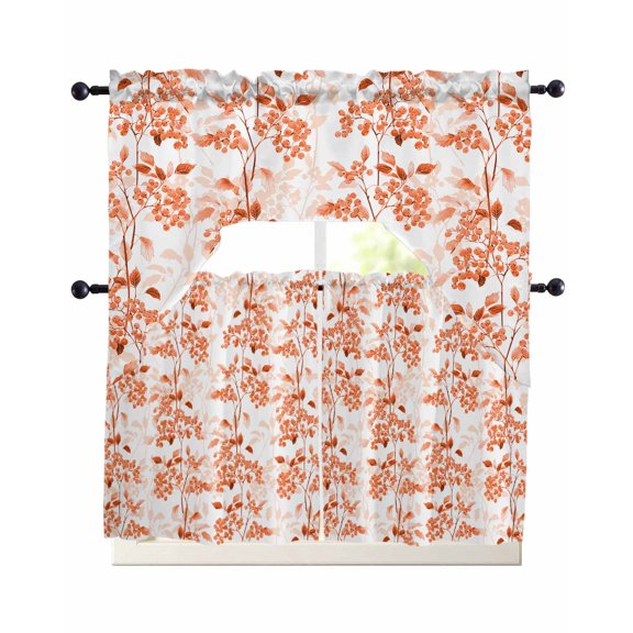 Burnt Orange Botanical Kitchen Curtains Sets 24 Inch Length with Valance, Vintage Nature Flower Swag Valances and Tiers Curtain Set Drapes Swag Curtains for Living Room, Bathroom, Bedroom, Cafe