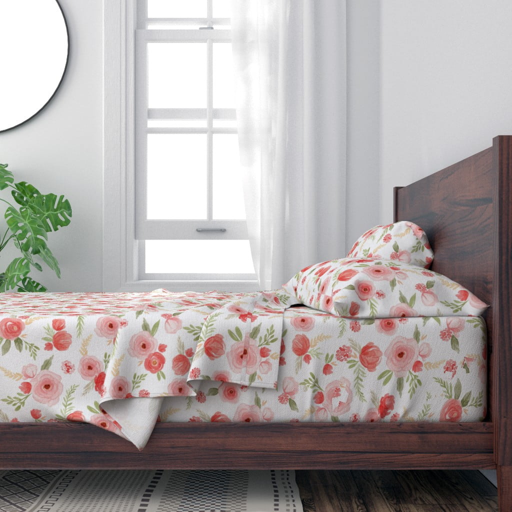 100 Cotton Sheets, King 4pc Set Coral Floral Watercolor Print Light