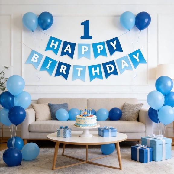 AuroraX Birthday Party Pull Flag Happy Birthday Pennant Banner Gold Foil Letter Decorative Pull String 13 Piece Party Decoration Set Blue