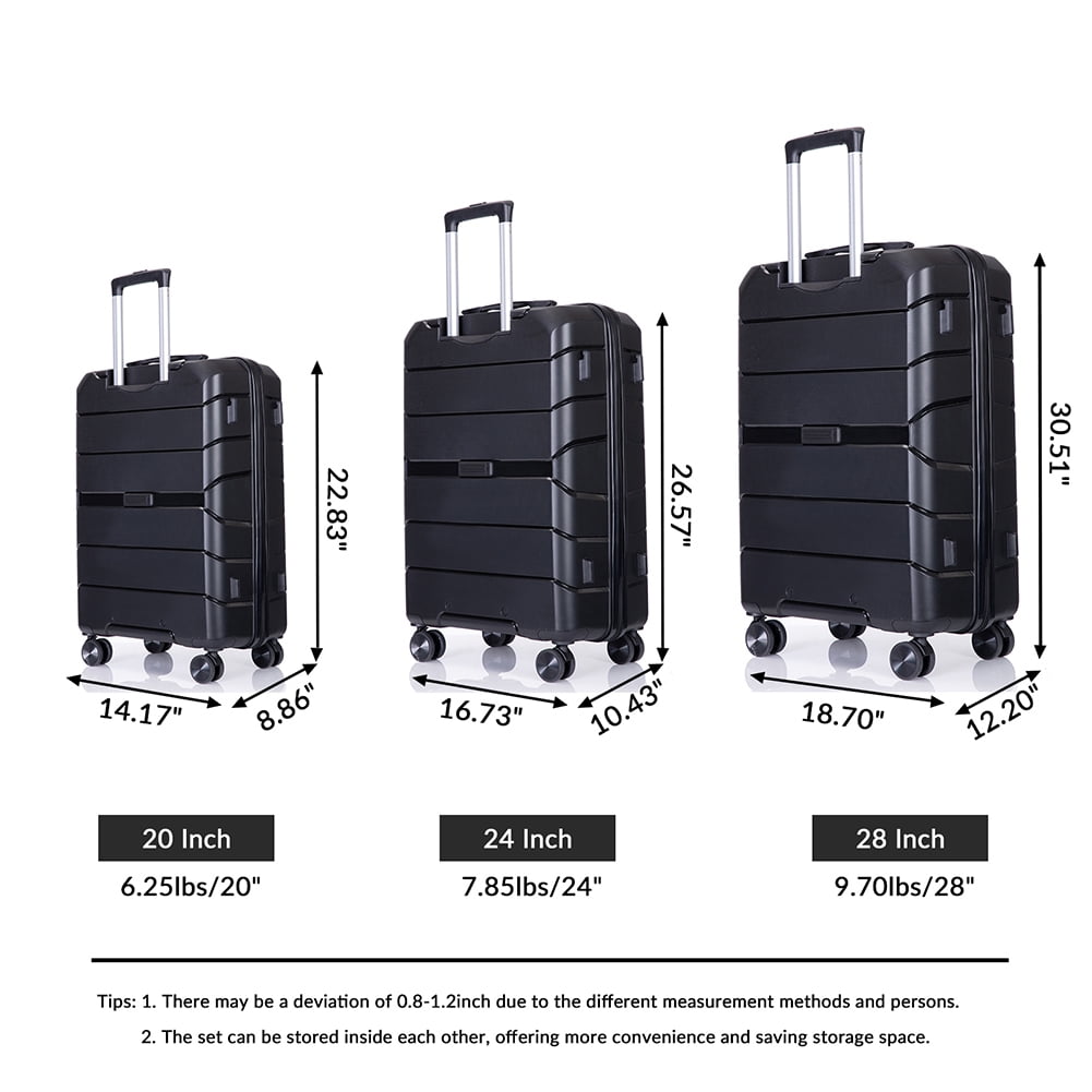 Kadyn Travel 3 Piece Luggage Sets, Travel Suitcase Set with TSA Lock, PP Luggage Sets for Travel, Black