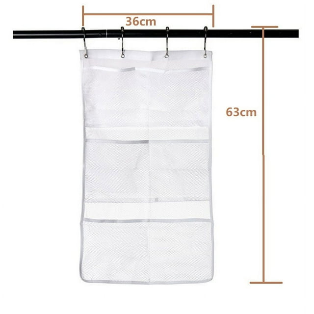 Mesh Shower Organizer Hanging Bathroom Caddy Pockets Hang Curtain Rod with Rings