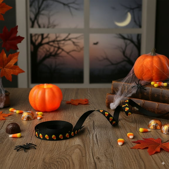 Halloween Ribbon Party Decoration Bow Headdress Material Alphabet Solid Color Gift Wrap Craft DIY Polyester Multicolor Skull Candy Corn Pattern Festive Decor 9 Meters Length