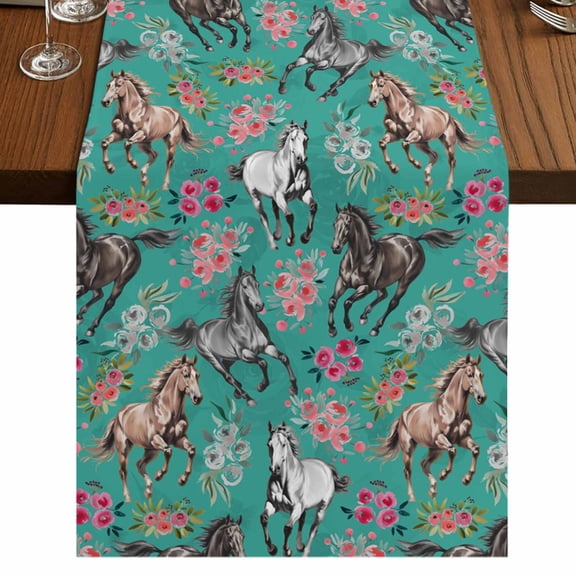 Table Runners 108 Inches Long Dress Scarves, Pink Flowers Farmhouse Coffee/Dining/Kitchen Table Runner for Living Room, Black Brown White Horse Country Retro Teal 13x108 Inch