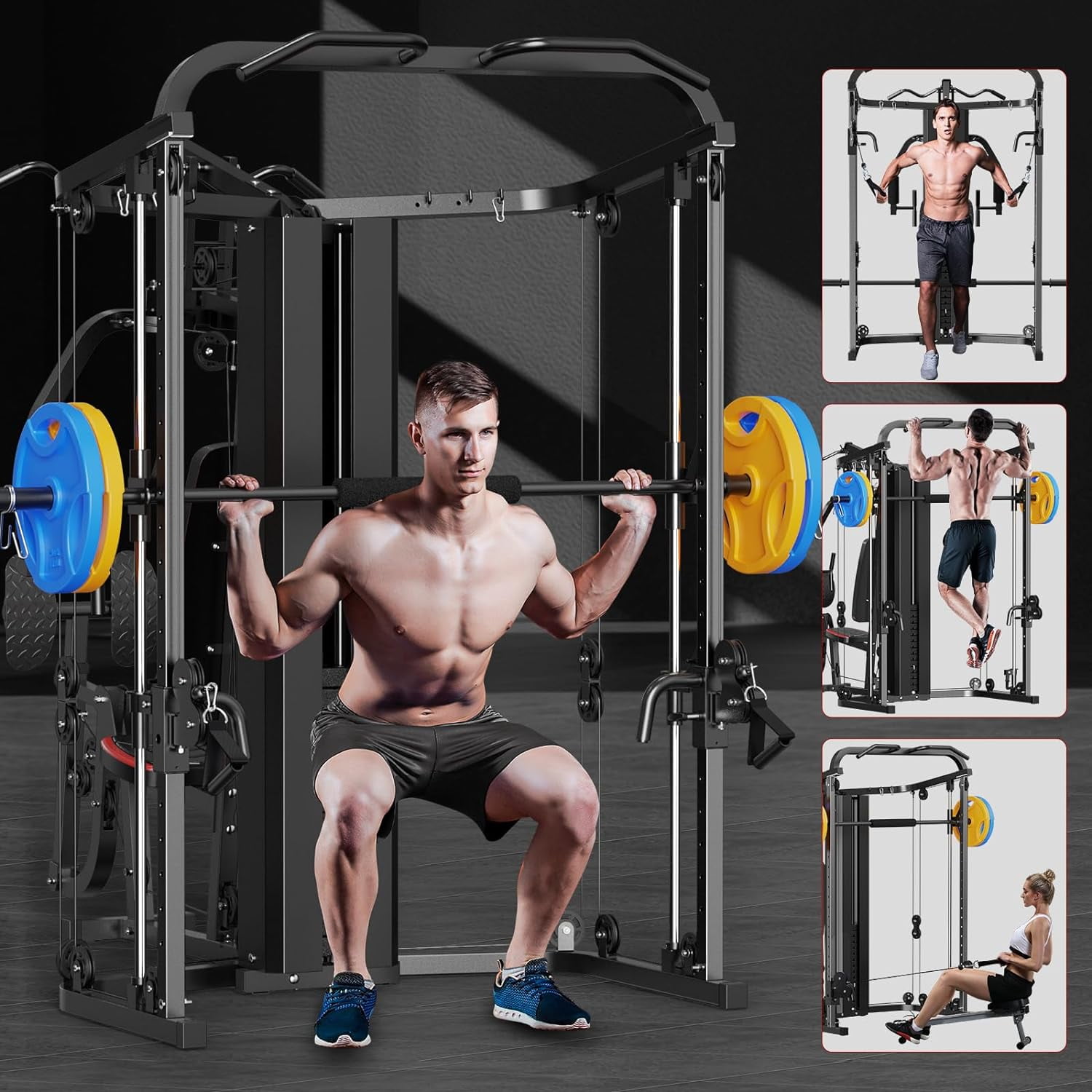 Sunhome Multifunction Home Gym System Smith Machine with 138 lb Weight, Build Muscle, 86.6"
