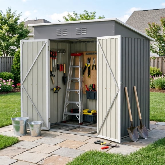 LuckyNote 6x4 ft Outdoor Metal Storage Shed with Lockable Door & Floor Frame, Garden Tool Shed for Backyard, Gray