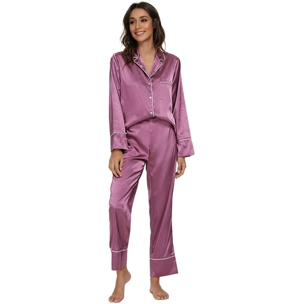 Womens Silk Satin Pajamas Set Long Sleeves and Button Down Pjs