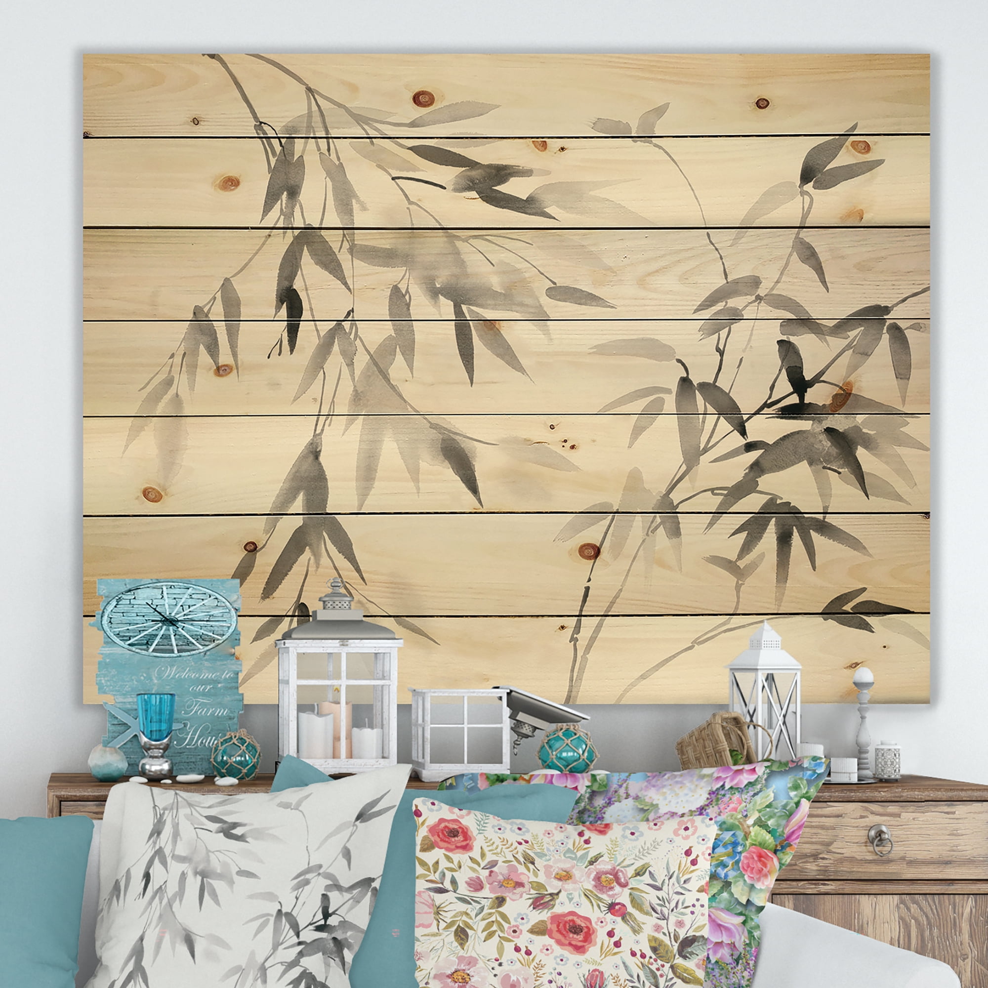 Designart 'Abstract Bamboo Leaves' Farmhouse Print on Natural Pine Wood