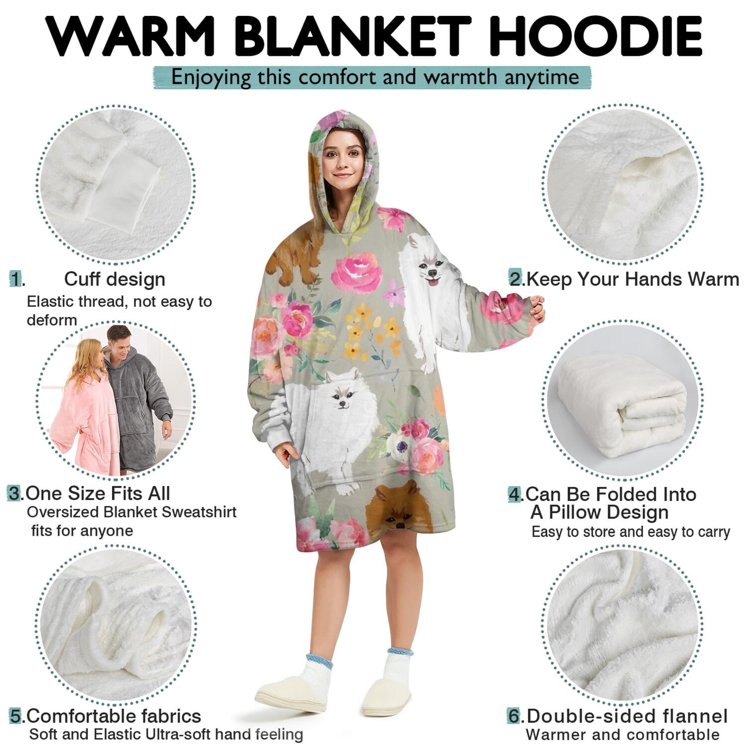 Pomeranian Dog and Flower Floral Wearable Oversized Blanket,Wearable Blanket Hoodie for Adults,Cozy Hooded Blankets with Super Pockets,Super Warm Fuzzy Pullover for Women & Men