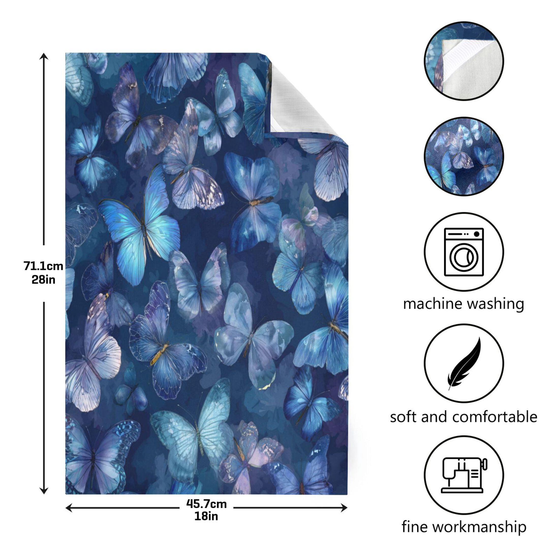 Qxltty Pretty Blue Butterfly Kitchen Towels 28 x 18 Inch Set of 6 Soft Cotton Linen Feel Dish Towels with Hanging Loop for Drying, Cleaning & Decor