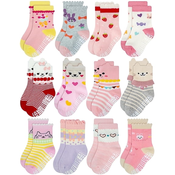 RATIVE Non Skid Anti Slip Cotton Dress Crew Socks With Grips For Baby Infant Toddler Kids Girls (0-6 Months, RG-820821)